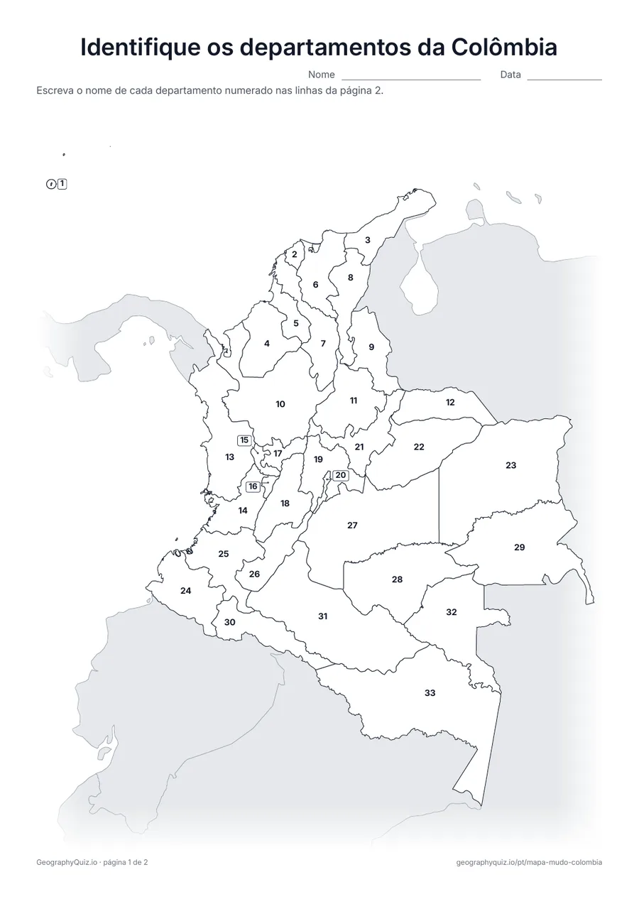 Prévia da atividade para imprimir: Identifique os departamentos da Colômbia