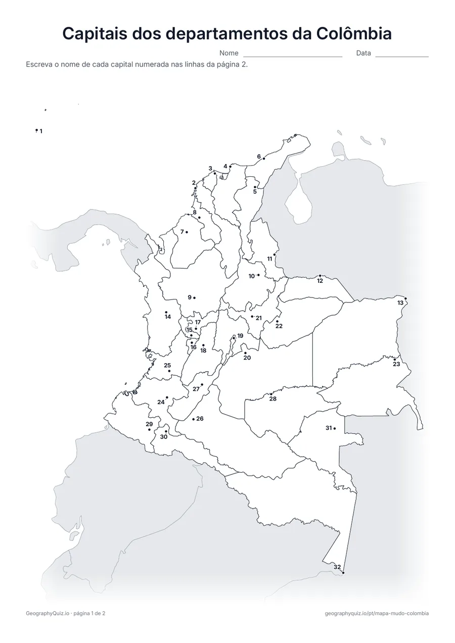 Prévia da atividade para imprimir: Capitais dos departamentos da Colômbia