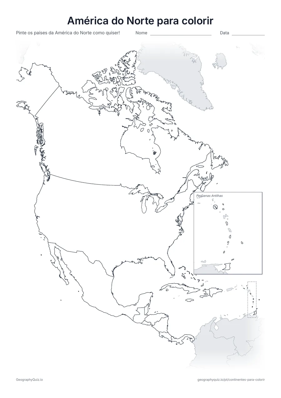Prévia da atividade para imprimir: América do Norte para colorir: Um mapa da América do Norte, do Canadá ao Panamá e ao Caribe, com todos os países