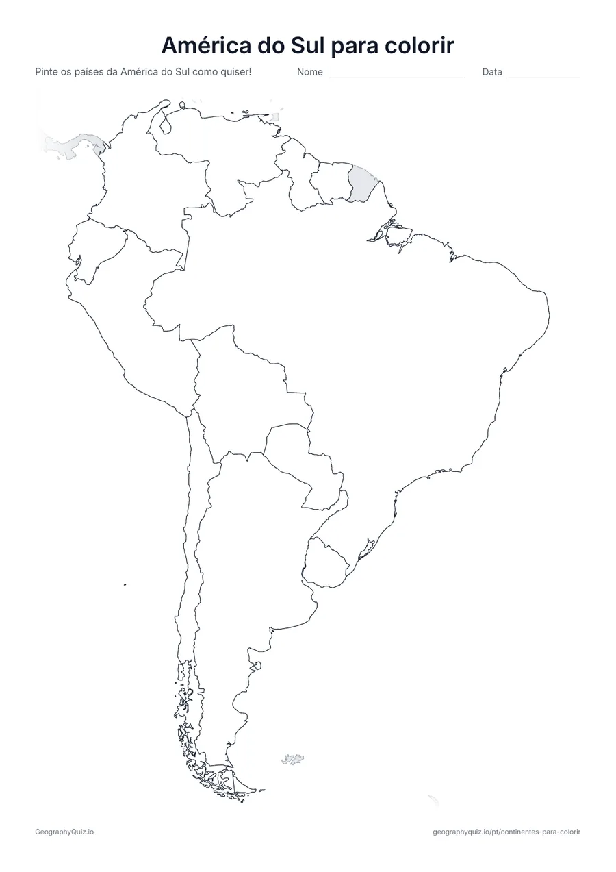 Prévia da atividade para imprimir: América do Sul para colorir: Um mapa da América do Sul com os seus 12 países: formas grandes, fáceis de pintar