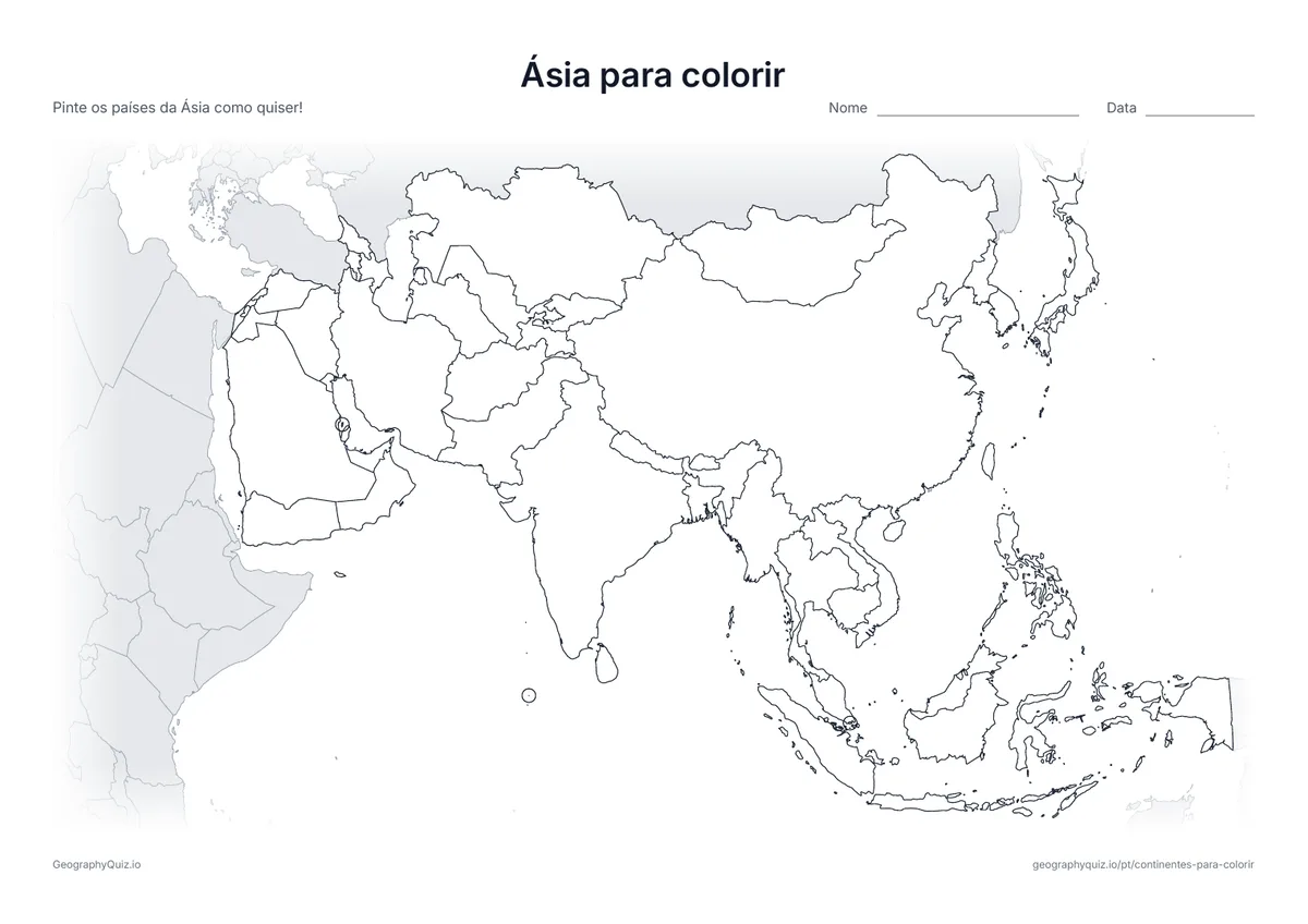 Prévia da atividade para imprimir: Ásia para colorir: Um mapa da Ásia, o maior continente, com todos os seus países