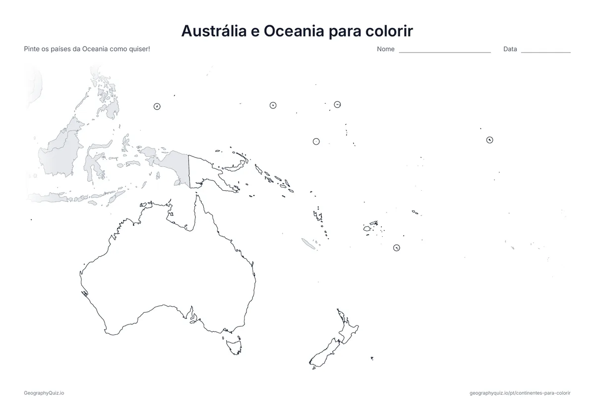 Prévia da atividade para imprimir: Austrália e Oceania para colorir: Um mapa da Austrália, da Nova Zelândia e das ilhas do Pacífico, com os menores países circulados