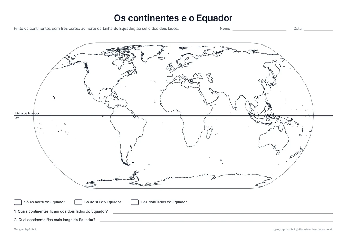 Prévia da atividade para imprimir: Os continentes e o Equador: A Linha do Equador cruza o mapa