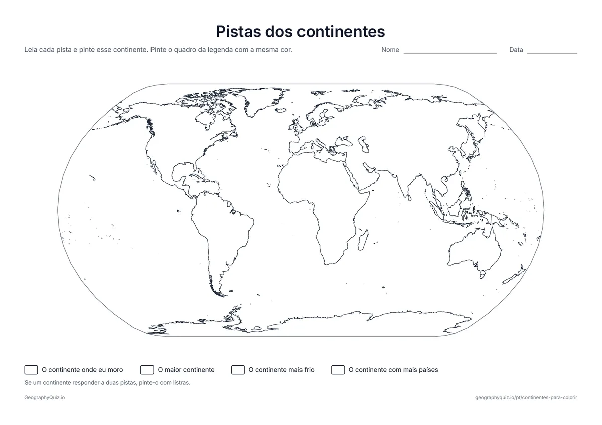 Prévia da atividade para imprimir: Pistas dos continentes: Quatro pistas, como o continente mais frio ou o maior