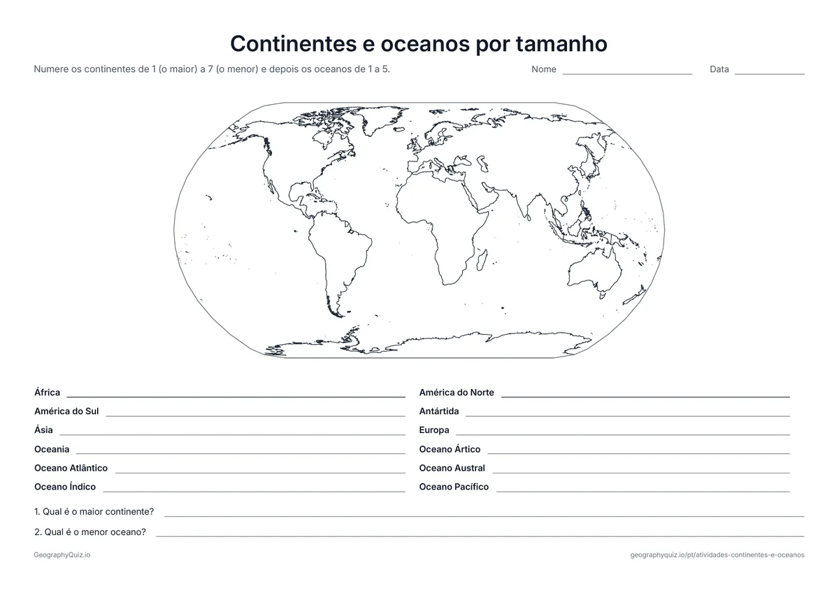 Prévia da atividade para imprimir: Continentes e oceanos por tamanho: Os alunos numeram os continentes do maior ao menor, depois os oceanos, e respondem a duas perguntas