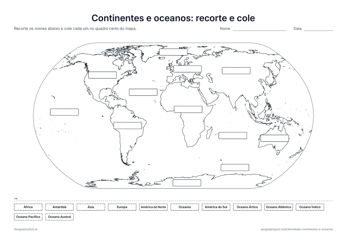 Prévia da atividade para imprimir: Continentes e oceanos: recorte e cole: Doze quadros vazios no mapa e doze nomes para recortar e colar no lugar certo: uma atividade manual para os menores