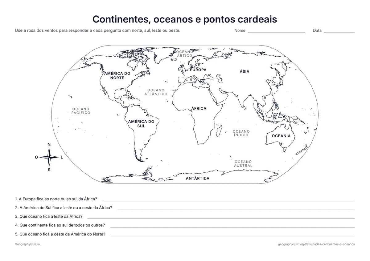 Prévia da atividade para imprimir: Continentes, oceanos e pontos cardeais: Um mapa do mundo com nomes e uma rosa dos ventos