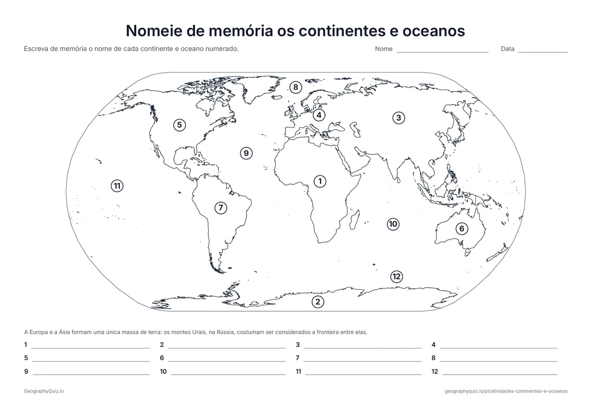 Prévia da atividade para imprimir: Nomeie de memória os continentes e oceanos: Os mesmos doze números sem banco de palavras: uma revisão rápida do que os alunos lembram