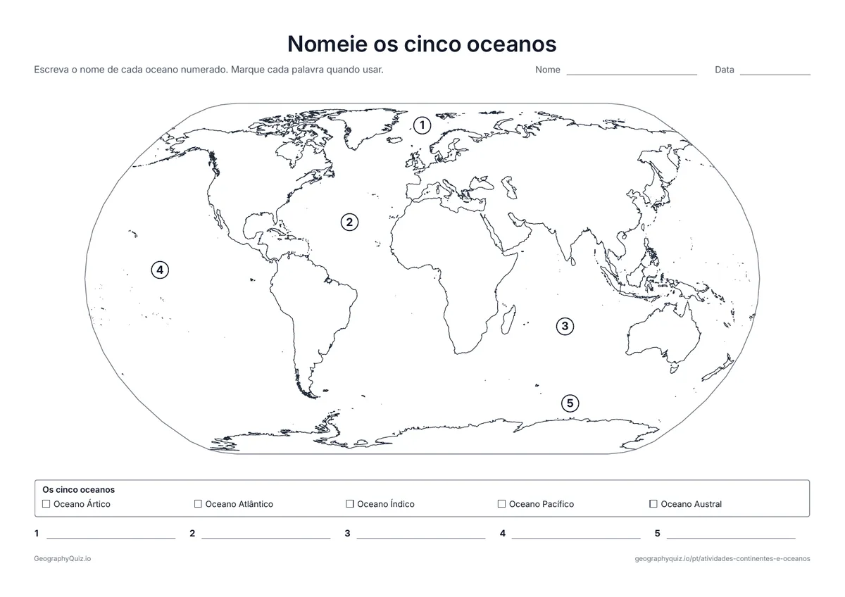 Prévia da atividade para imprimir: Nomeie os cinco oceanos: Os cinco oceanos numerados num mapa do mundo, com um banco de palavras e uma linha para cada um