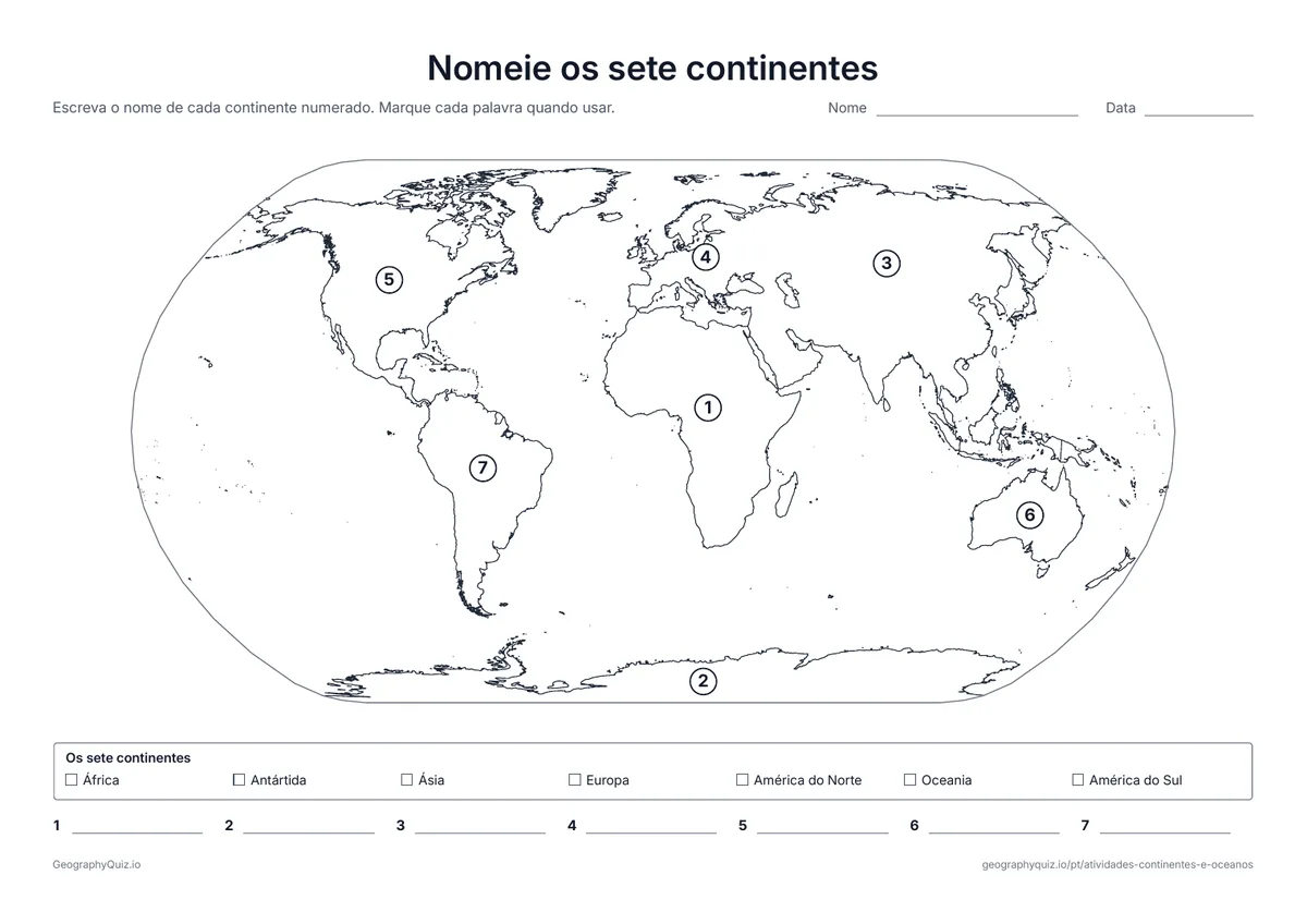 Prévia da atividade para imprimir: Nomeie os sete continentes: Os sete continentes numerados num mapa do mundo, com um banco de palavras e uma linha para cada um