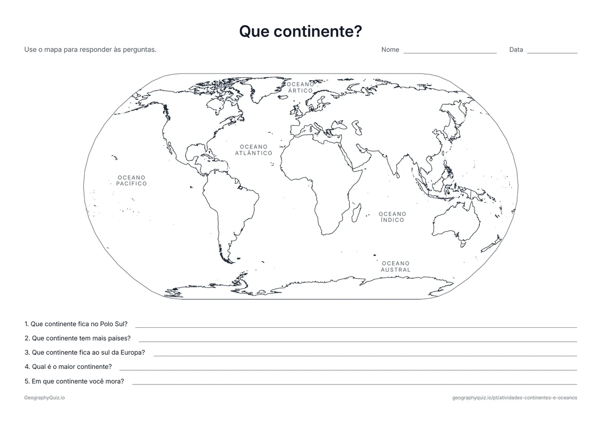 Prévia da atividade para imprimir: Que continente?: Os oceanos têm o nome no mapa