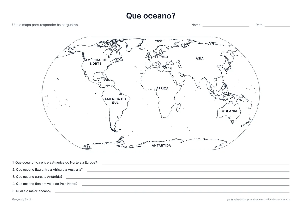Prévia da atividade para imprimir: Que oceano?: Os continentes têm o nome no mapa