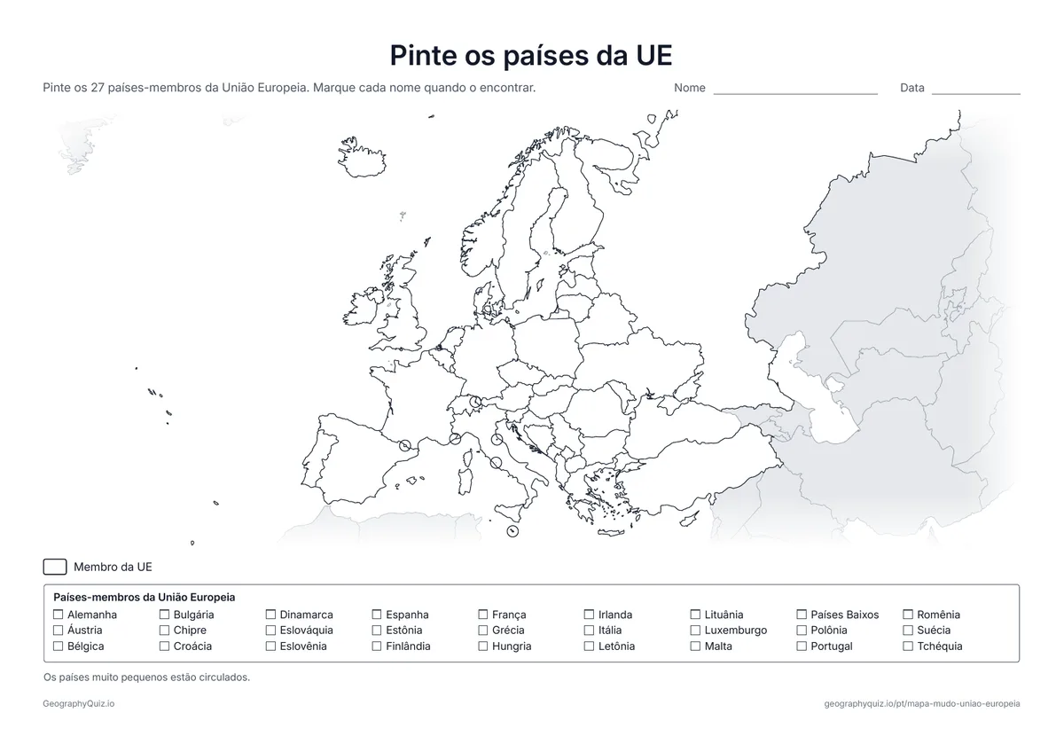 Prévia da atividade para imprimir: Pinte os países da UE