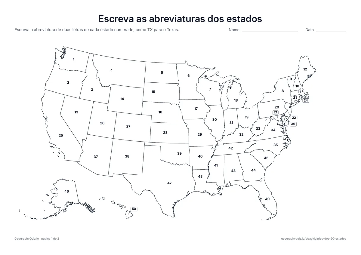 Prévia da atividade para imprimir: Escreva as abreviaturas dos estados: Os estados estão numerados