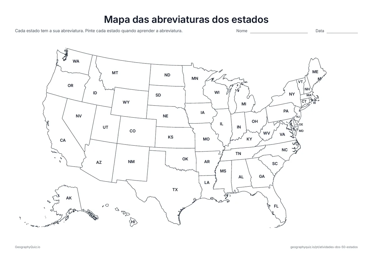 Prévia da atividade para imprimir: Mapa das abreviaturas dos estados: Cada estado com a sua abreviatura de duas letras, de AL a WY