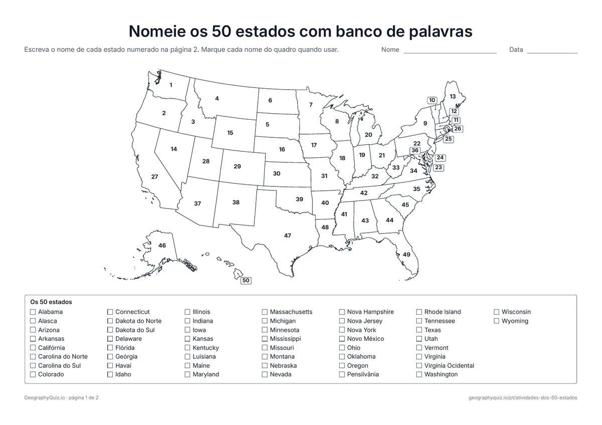 Prévia da atividade para imprimir: Nomeie os 50 estados com banco de palavras: Cada estado está numerado