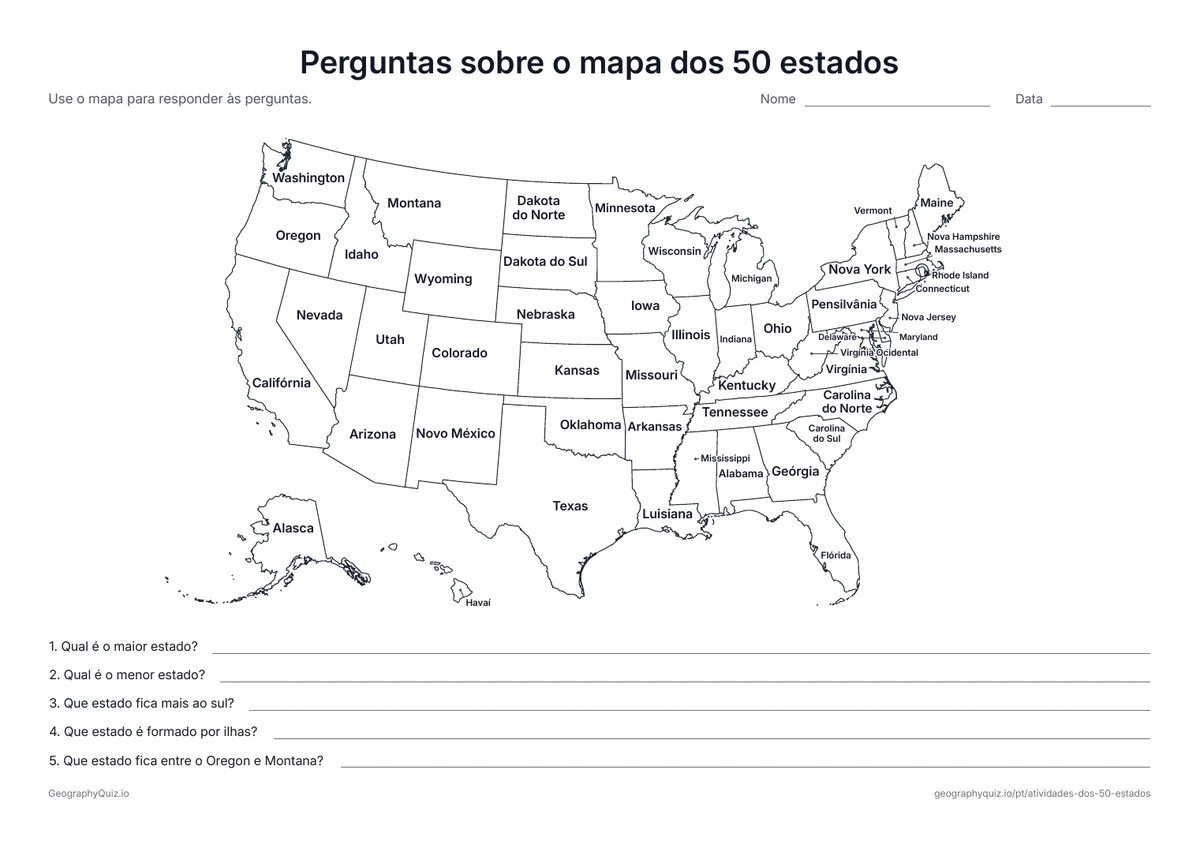 Prévia da atividade para imprimir: Perguntas sobre o mapa dos 50 estados: Um mapa com todos os estados nomeados e cinco perguntas sobre os maiores, os menores e os mais distantes