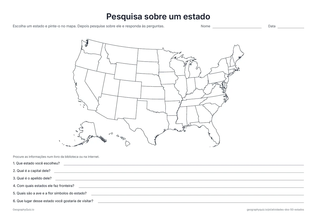 Prévia da atividade para imprimir: Pesquisa sobre um estado: Os alunos escolhem um estado, pintam-no no mapa e escrevem a capital, o apelido, os vizinhos, a ave e a flor símbolos