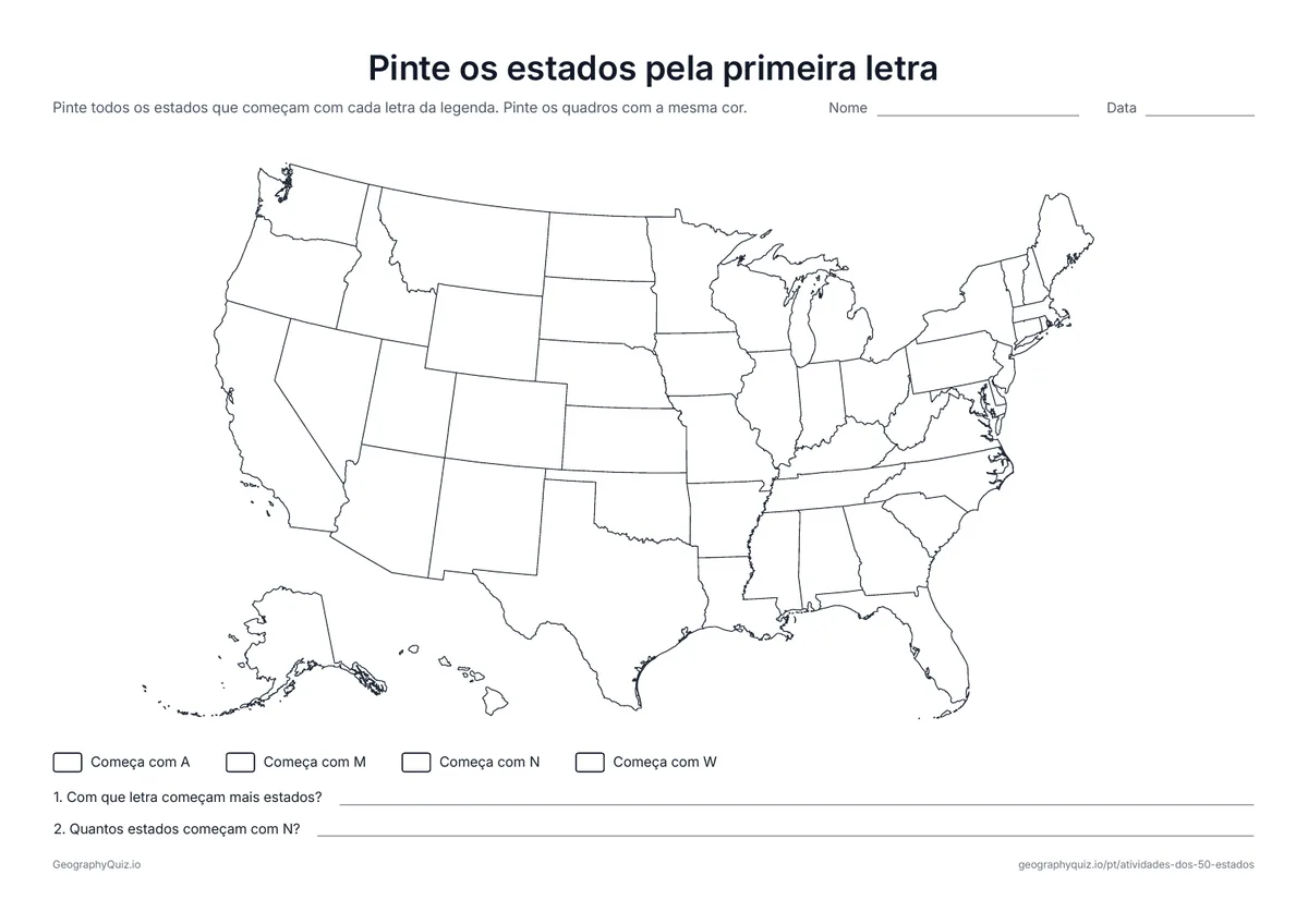 Prévia da atividade para imprimir: Pinte os estados pela primeira letra: Os alunos pintam os estados que começam com A, M, N ou W seguindo a legenda e contam cada grupo