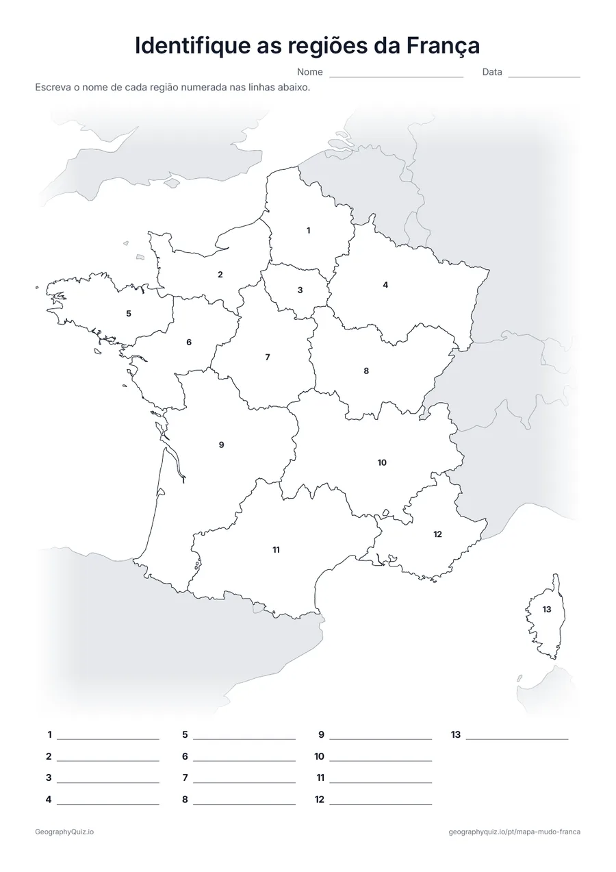 Prévia da atividade para imprimir: Identifique as regiões da França