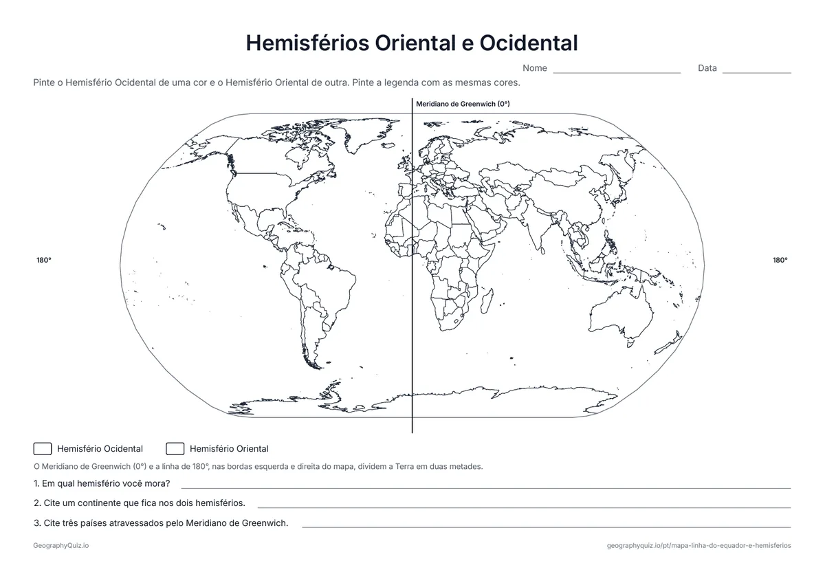 Prévia da atividade para imprimir: Hemisférios Oriental e Ocidental