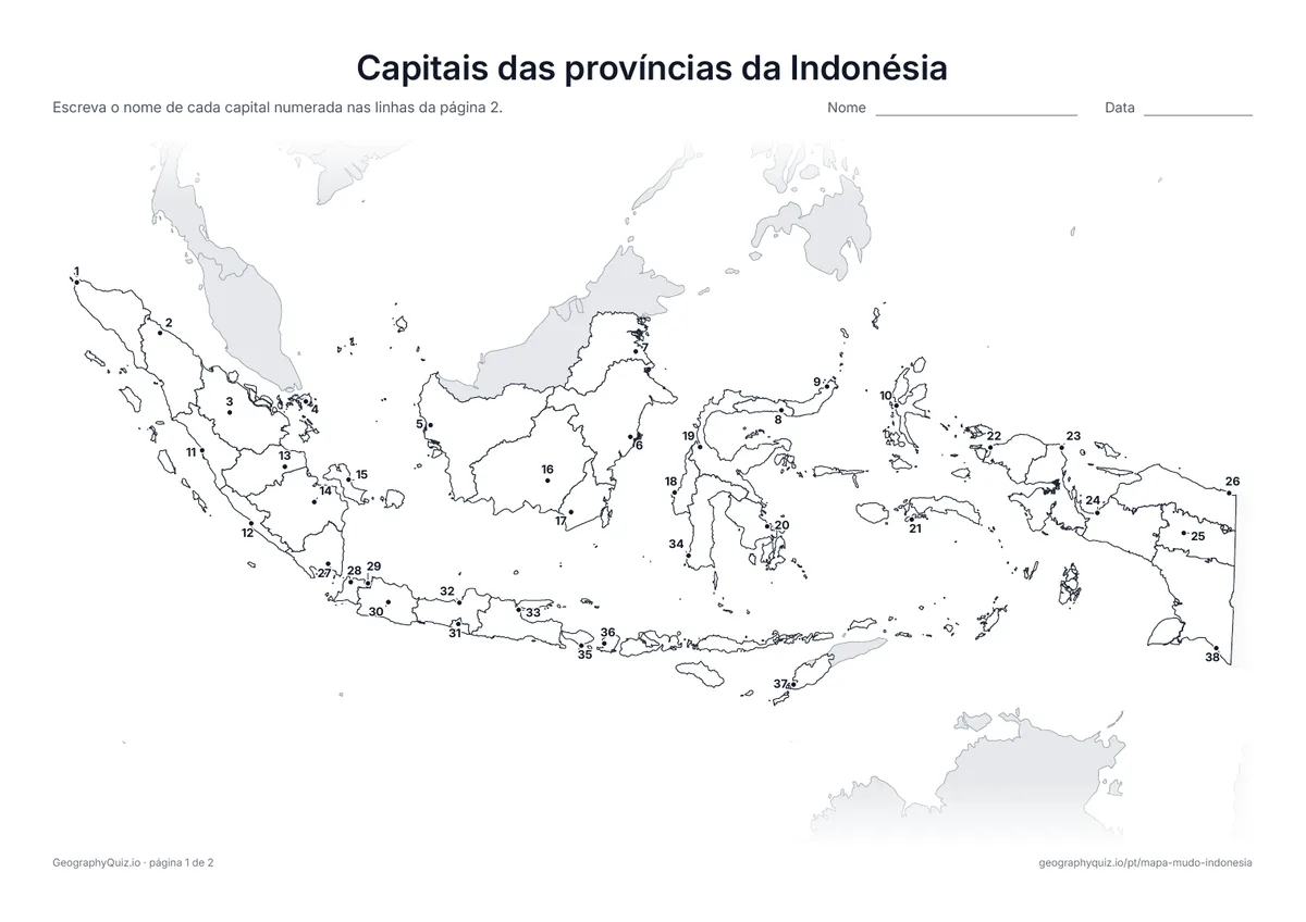 Prévia da atividade para imprimir: Capitais das províncias da Indonésia