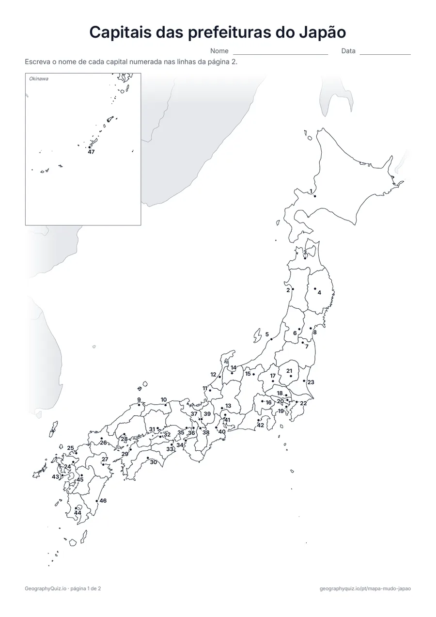 Prévia da atividade para imprimir: Capitais das prefeituras do Japão