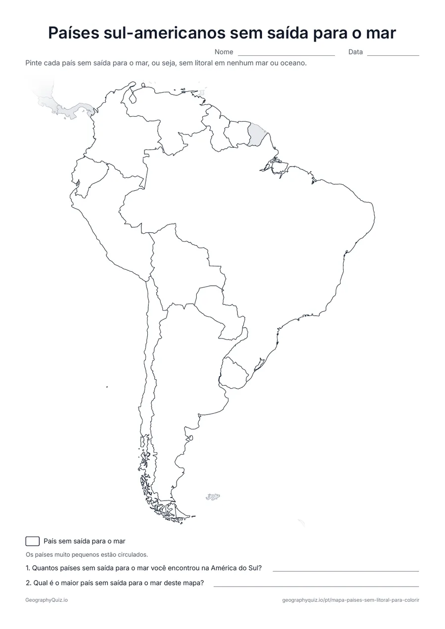 Prévia da atividade para imprimir: Países sul-americanos sem saída para o mar