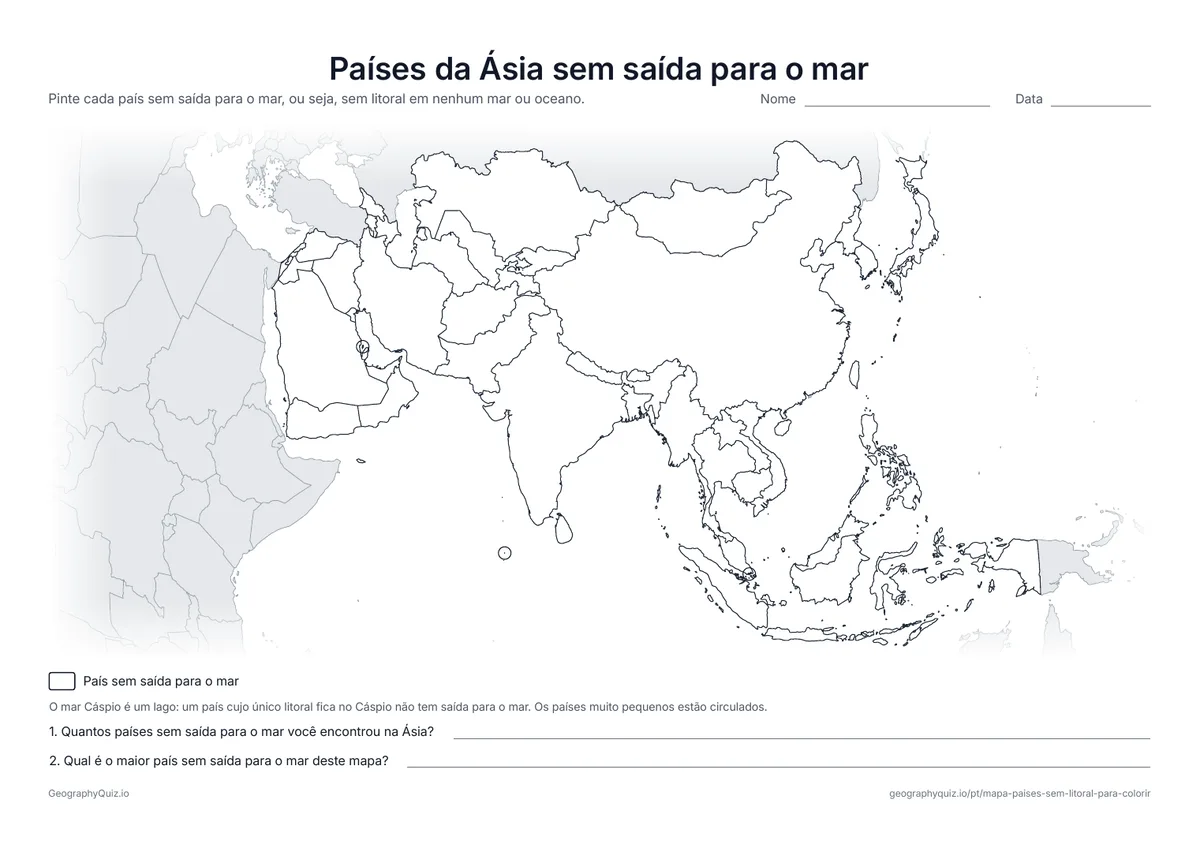 Prévia da atividade para imprimir: Países da Ásia sem saída para o mar