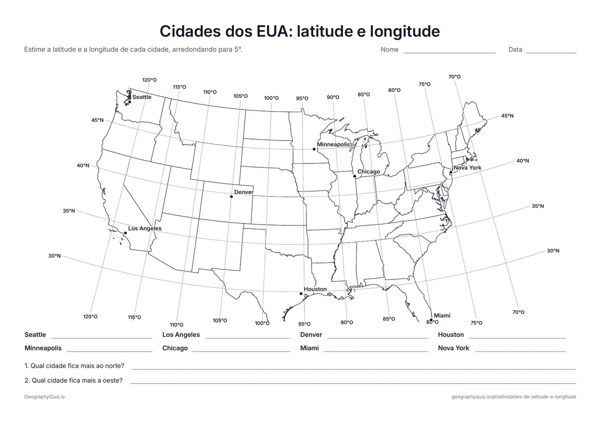 Prévia da atividade para imprimir: Cidades dos EUA: latitude e longitude: Um mapa dos 48 estados contíguos com linhas a cada 5°