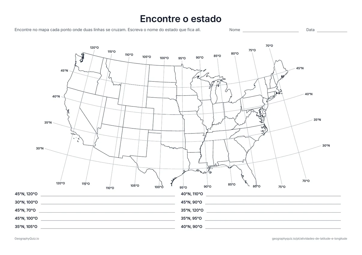 Prévia da atividade para imprimir: Encontre o estado: Dez coordenadas num mapa dos 48 estados contíguos
