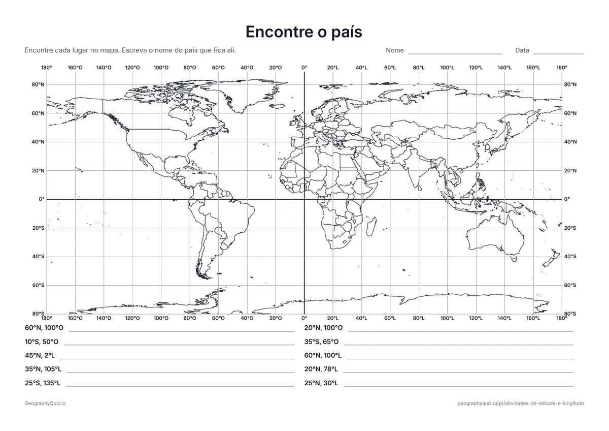 Prévia da atividade para imprimir: Encontre o país: Dez coordenadas num mapa do mundo com fronteiras