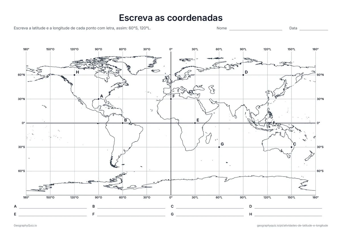 Prévia da atividade para imprimir: Escreva as coordenadas: Oito pontos com letra onde as linhas se cruzam