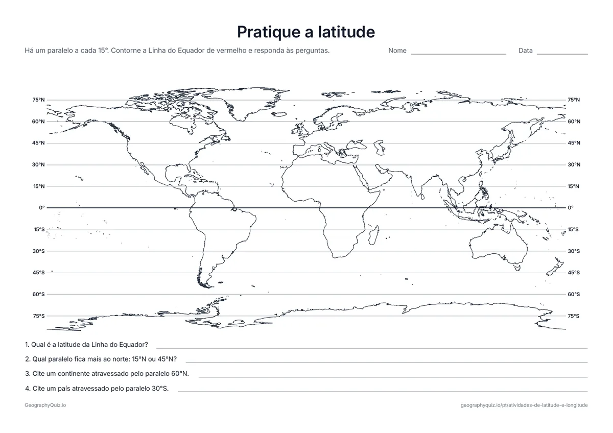 Prévia da atividade para imprimir: Pratique a latitude: Um mapa do mundo com um paralelo a cada 15°, indicado nas duas pontas, e quatro perguntas para aprender a lê-los