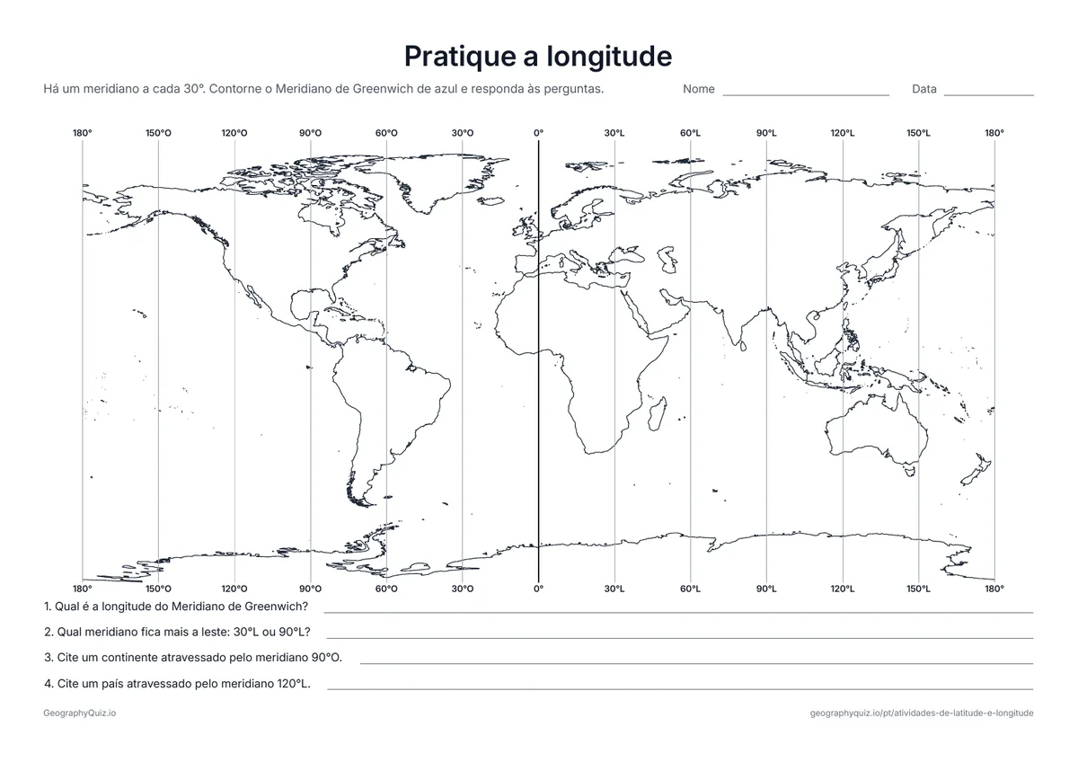 Prévia da atividade para imprimir: Pratique a longitude: Um mapa do mundo com um meridiano a cada 30°, indicado em cima e embaixo, e quatro perguntas para aprender a lê-los