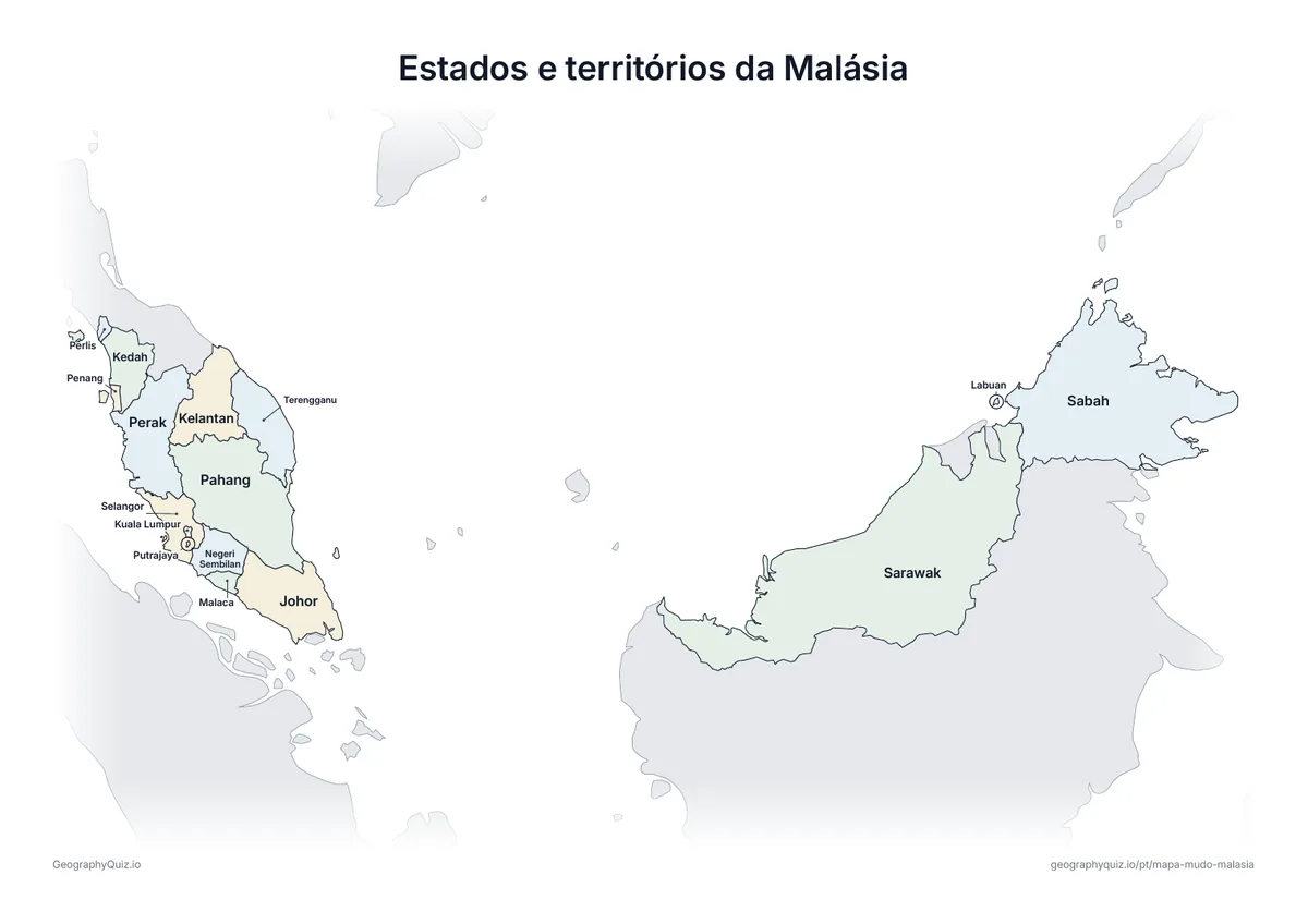 Prévia da atividade para imprimir: Estados e territórios da Malásia