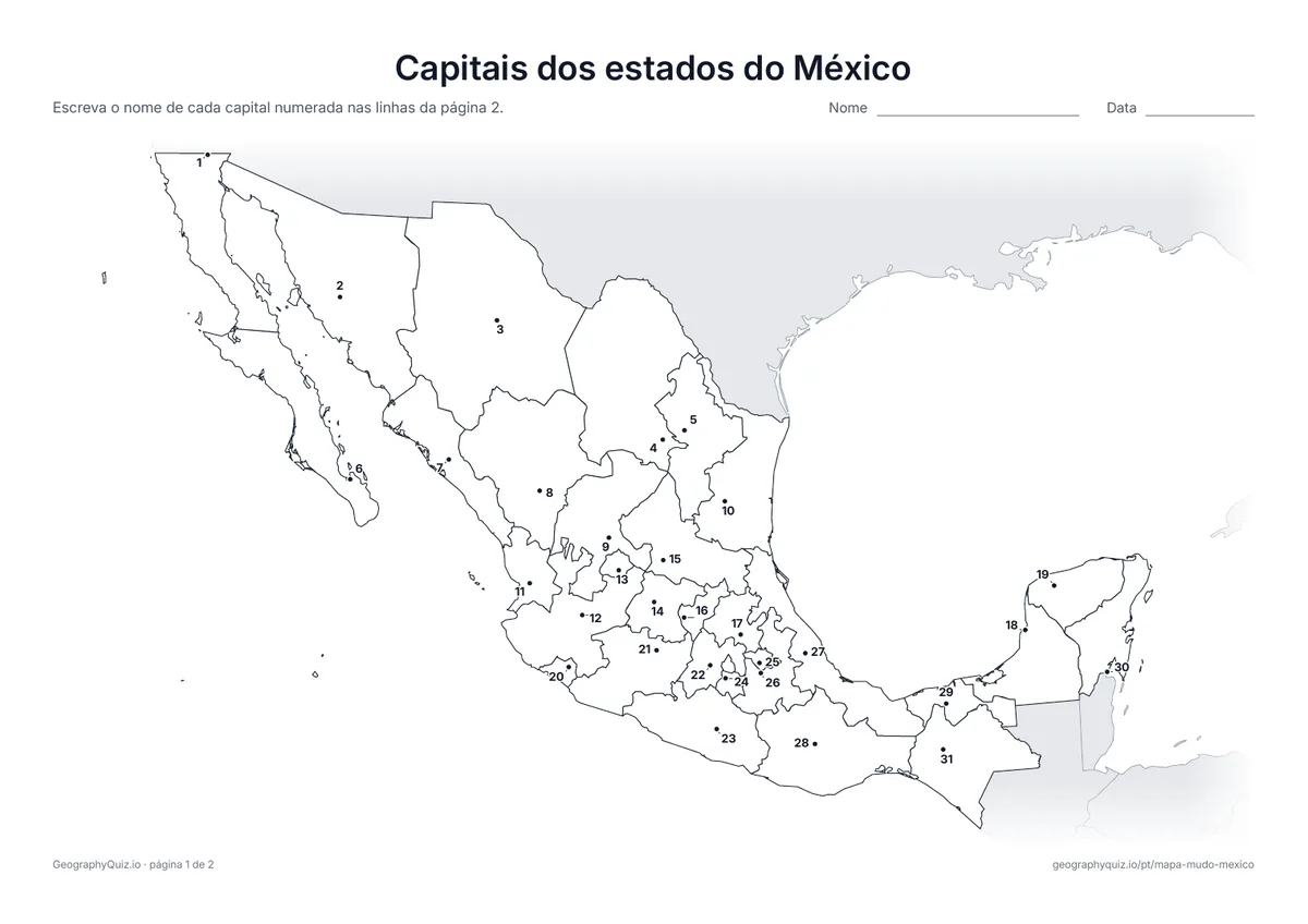 Prévia da atividade para imprimir: Capitais dos estados do México
