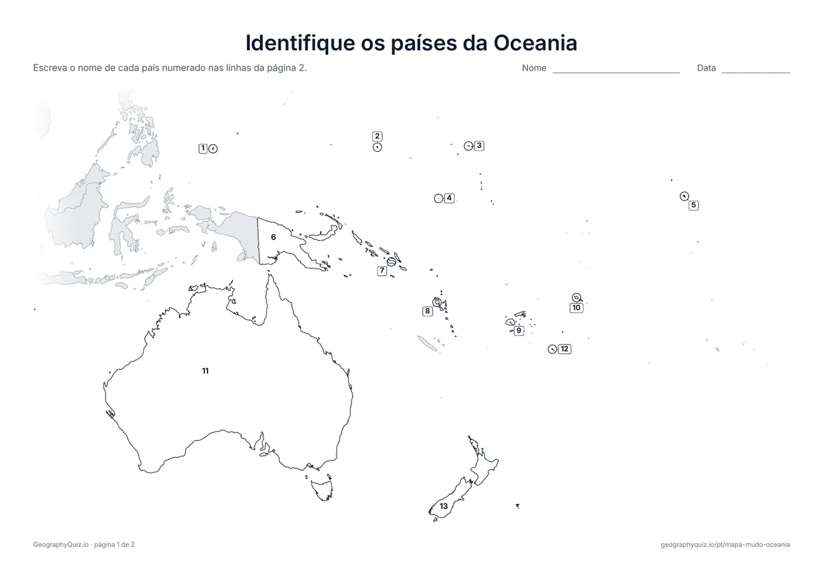 Prévia da atividade para imprimir: Identifique os países da Oceania