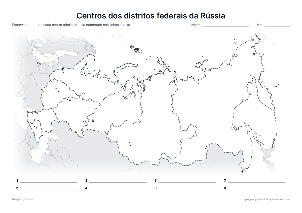 Prévia da atividade para imprimir: Centros dos distritos federais da Rússia