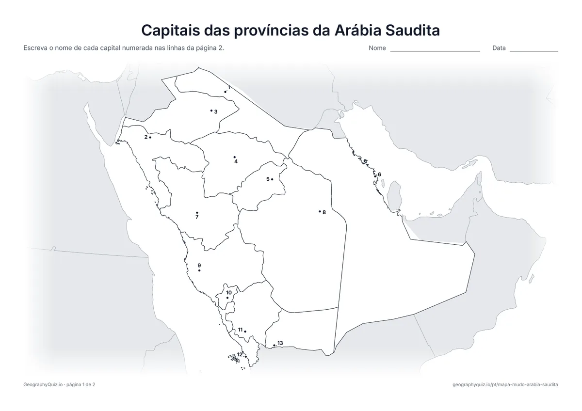 Prévia da atividade para imprimir: Capitais das províncias da Arábia Saudita