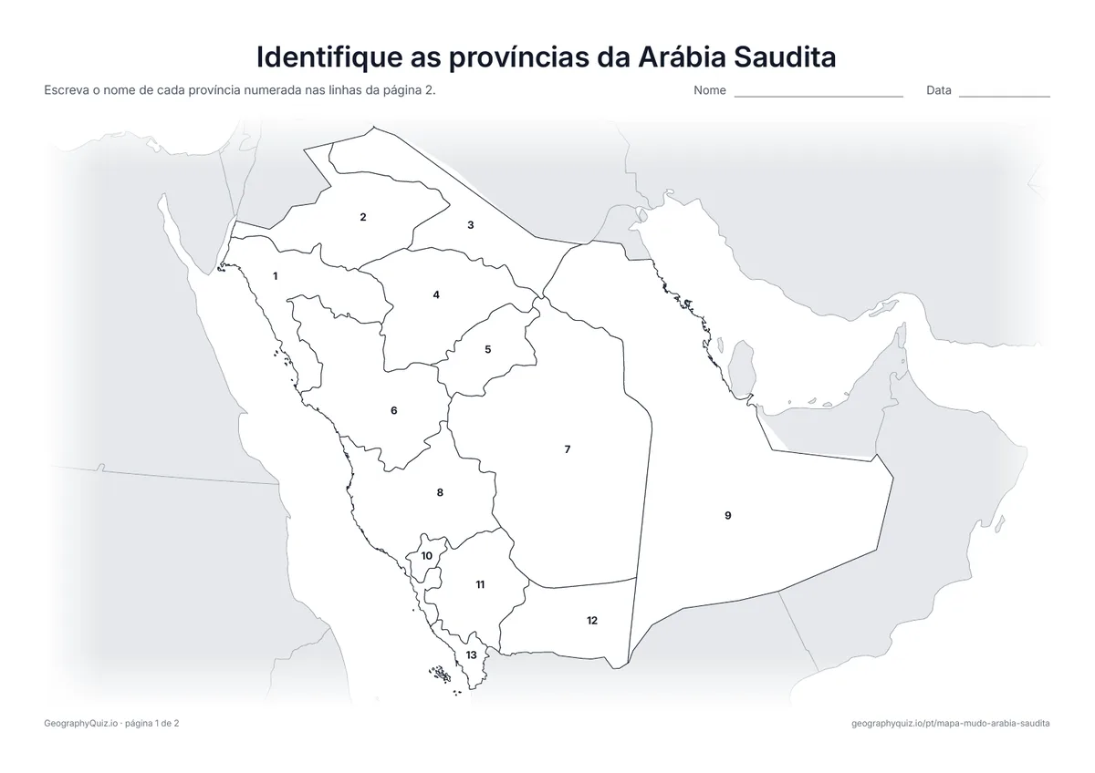 Prévia da atividade para imprimir: Identifique as províncias da Arábia Saudita
