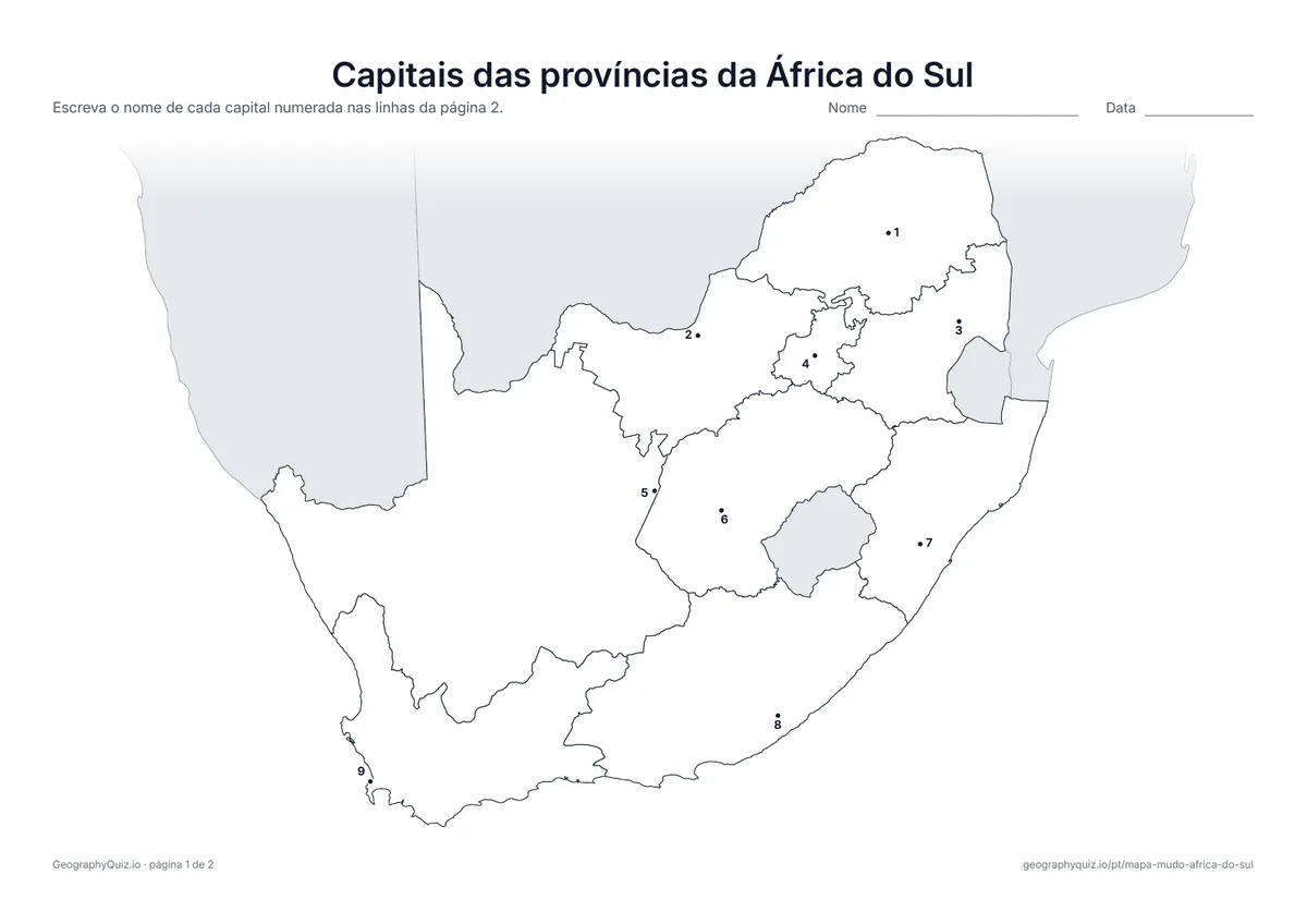 Prévia da atividade para imprimir: Capitais das províncias da África do Sul