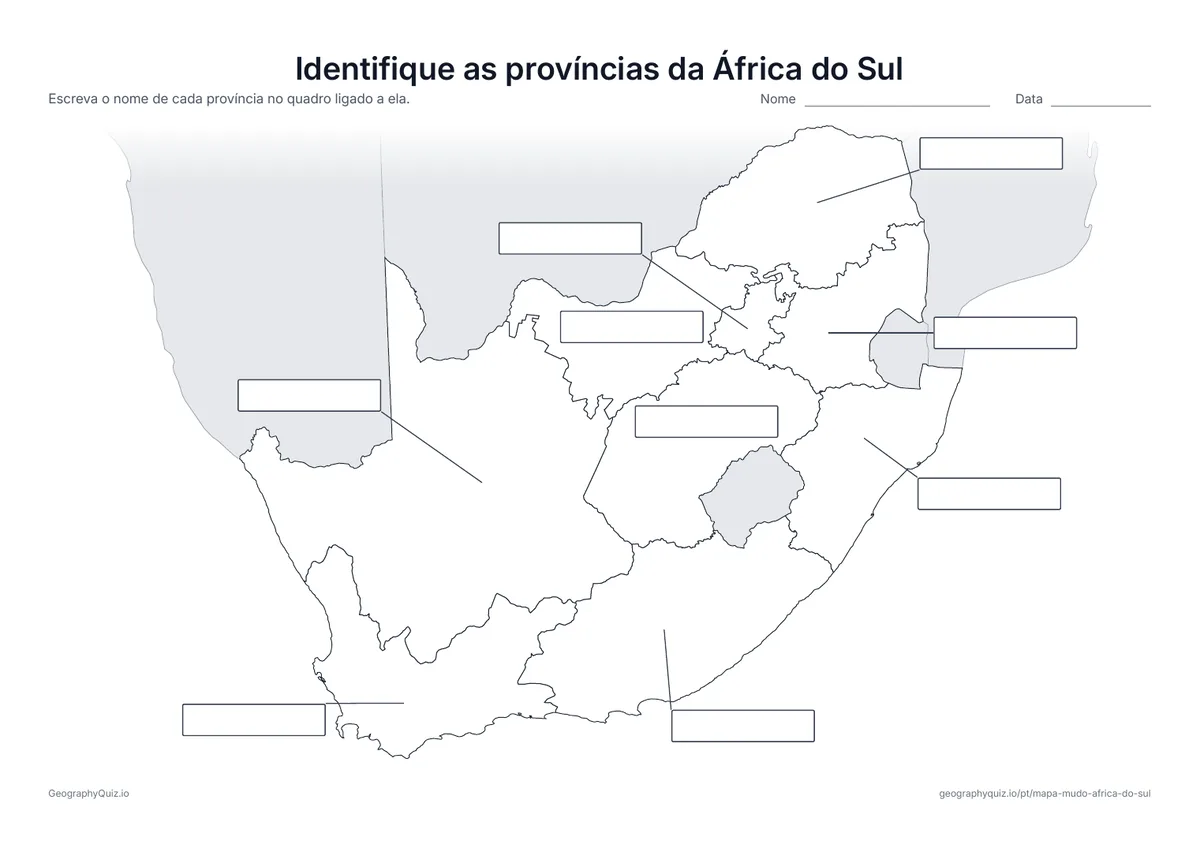 Prévia da atividade para imprimir: Identifique as províncias da África do Sul