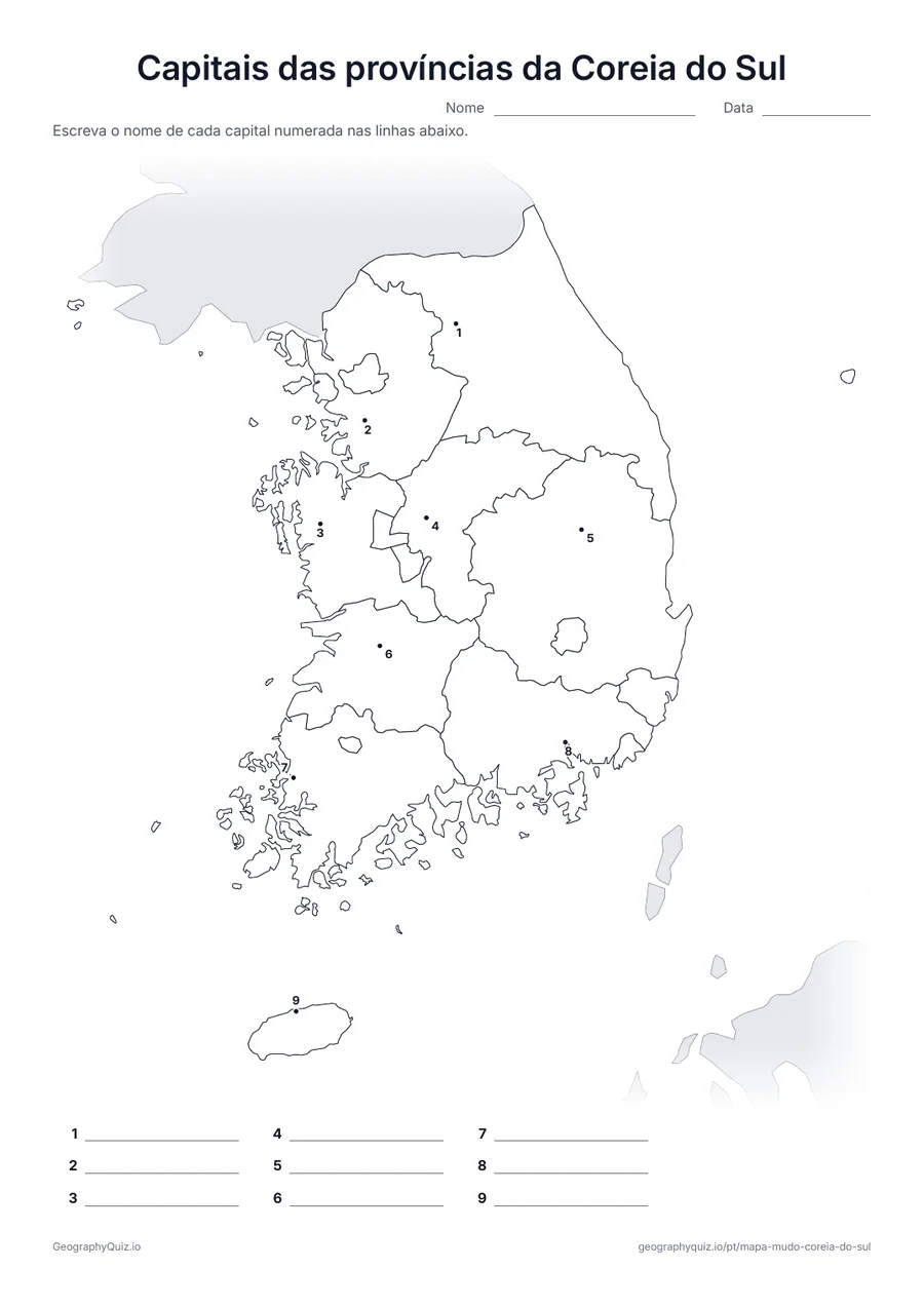 Prévia da atividade para imprimir: Capitais das províncias da Coreia do Sul