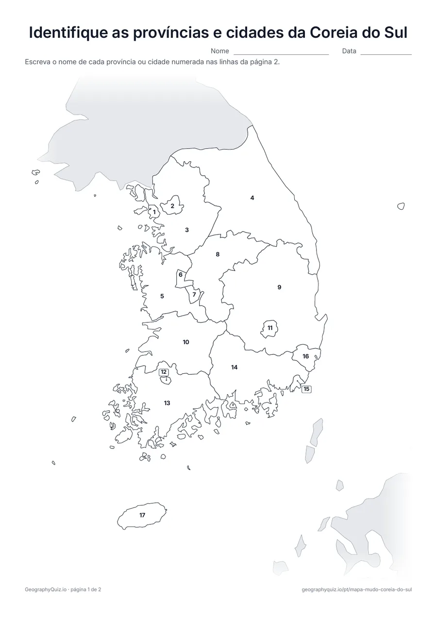 Prévia da atividade para imprimir: Identifique as províncias e cidades da Coreia do Sul