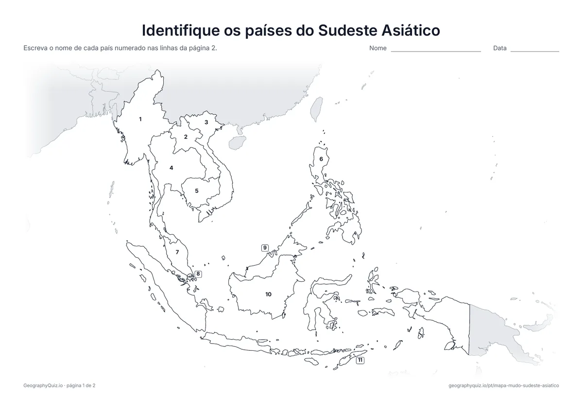 Prévia da atividade para imprimir: Identifique os países do Sudeste Asiático