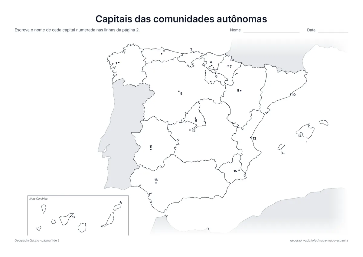 Prévia da atividade para imprimir: Capitais das comunidades autônomas