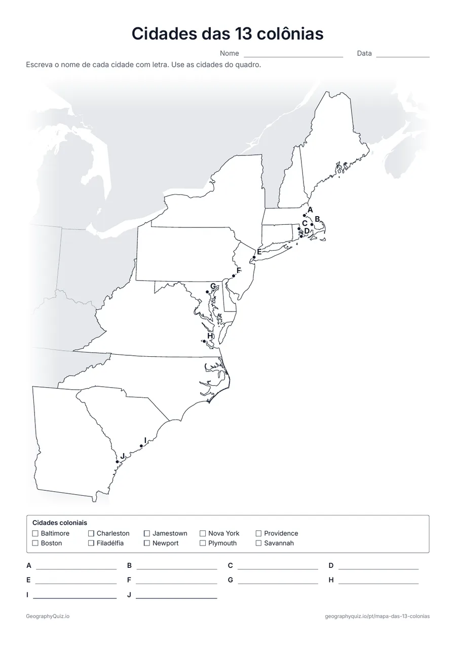 Prévia da atividade para imprimir: Cidades das 13 colônias: Dez pontos com letra marcam Jamestown, Plymouth, Boston, Nova York, Filadélfia, Charleston e outras cidades coloniais