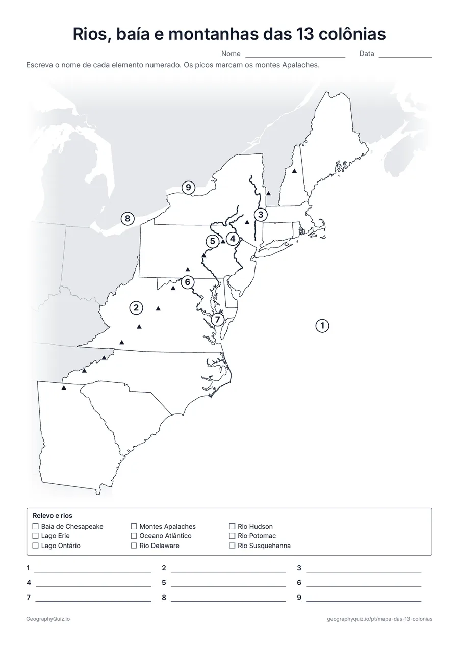 Prévia da atividade para imprimir: Rios, baía e montanhas das 13 colônias: O oceano Atlântico, os Apalaches, os rios Hudson, Delaware, Susquehanna e Potomac, a baía de Chesapeake e dois Grandes Lagos, numerados para nomear