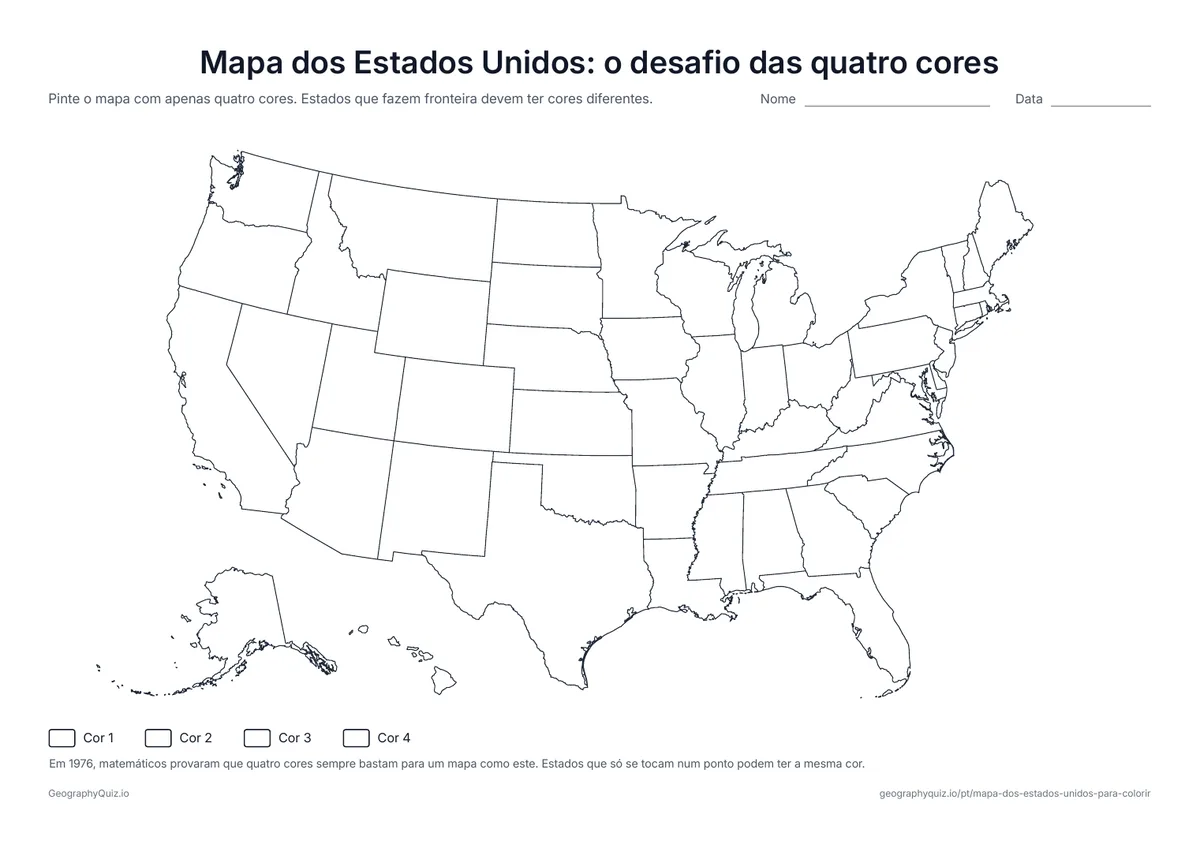 Prévia da atividade para imprimir: Mapa dos Estados Unidos: o desafio das quatro cores: Pinte os 50 estados com apenas quatro cores, sem que dois vizinhos fiquem iguais: mais difícil do que parece perto do Kentucky e do Tennessee